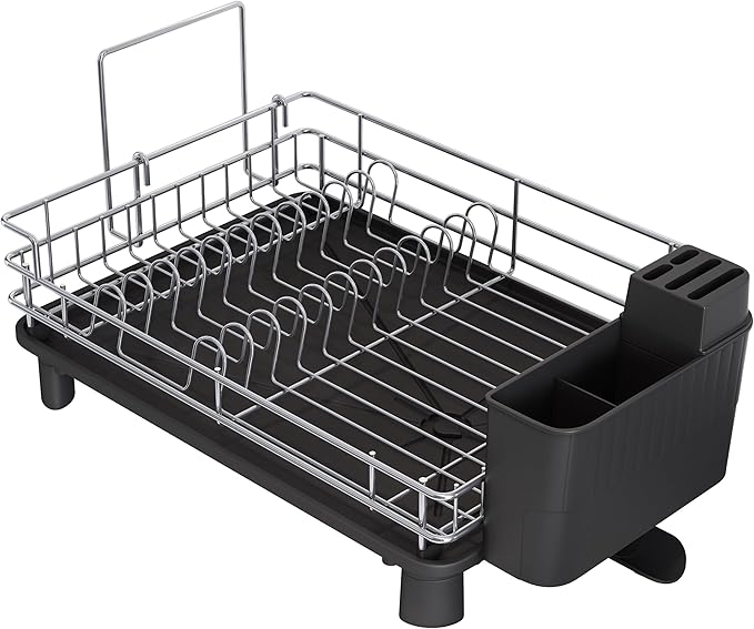 BOOSINY Stainless Steel Dish Drainers Drying Rack for Kitchen Counter with Automatic Drainage, 1 Tier Rust Proof Metal, Space Saving, Modern Aesthetic, Compact Plates Strainers,Gray-Ruum Studio Home