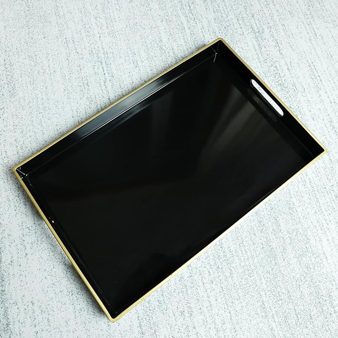 Spsyrine Black Decorative Serving Tray with Handles, Elegant Plastic Coffee Table Tray for Ottoman, Living Room, Home Decor 15.6" X 10.2"-Ruum Studio Home
