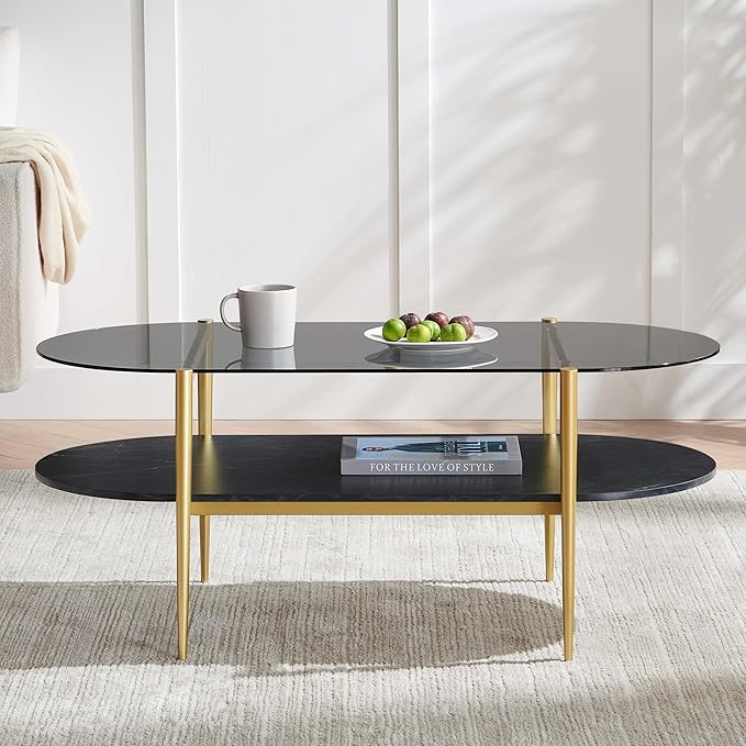 Oval Glass Coffee Table, Mid-Century Modern Design, L41 x W21 x H17 inch, for Living Room, Grey Glass Top, Black Marble Finish Wood Shelf & Gold Finish Frame-Ruum Studio Home