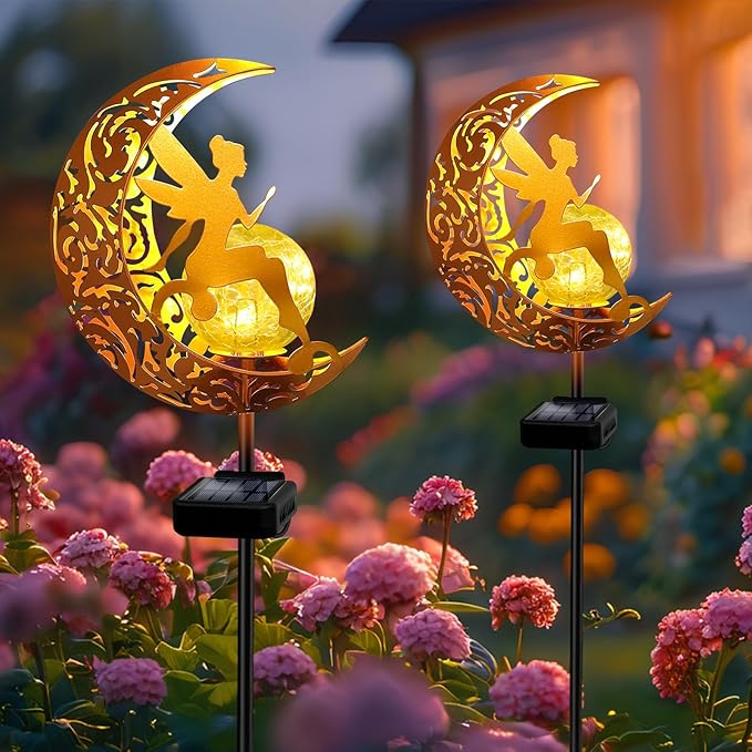 YJFWAL 2 Pack Garden Solar Lights Pathway Stake Lights Moon Fairy Glass Globe with Angel Decor, Gardening Birthday Gift for Mom Grandma Friends, Outdoor Decor Light Waterproof for Walkway, Yard, Patio-Ruum Studio Home
