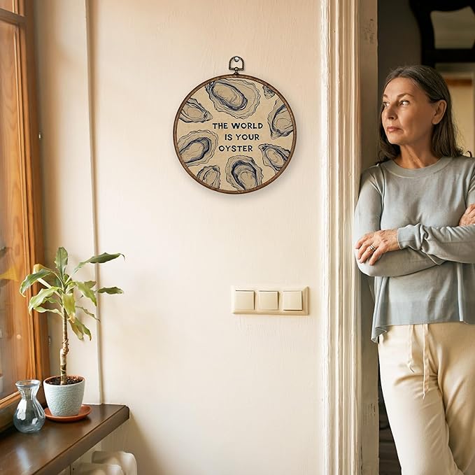 XBBMGG Oyster Wall Art Decor, Coastal Vintage Oyster Shell Round Wall Hanging Decor, Beach Ocean Nautical The World Is Your Oyster Framed Canvas Prints for Living Room Bathroom Decorations, 10x10inch-Ruum Studio Home