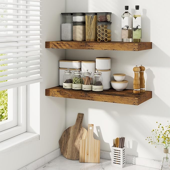 Fun Memories 24 Inch Floating Shelves for Wall, 9 Inch Deep Brown Rustic Wood Wall Mounted Shelves for Bathroom, Kitchen, Living Room, Set of 2-Ruum Studio Home