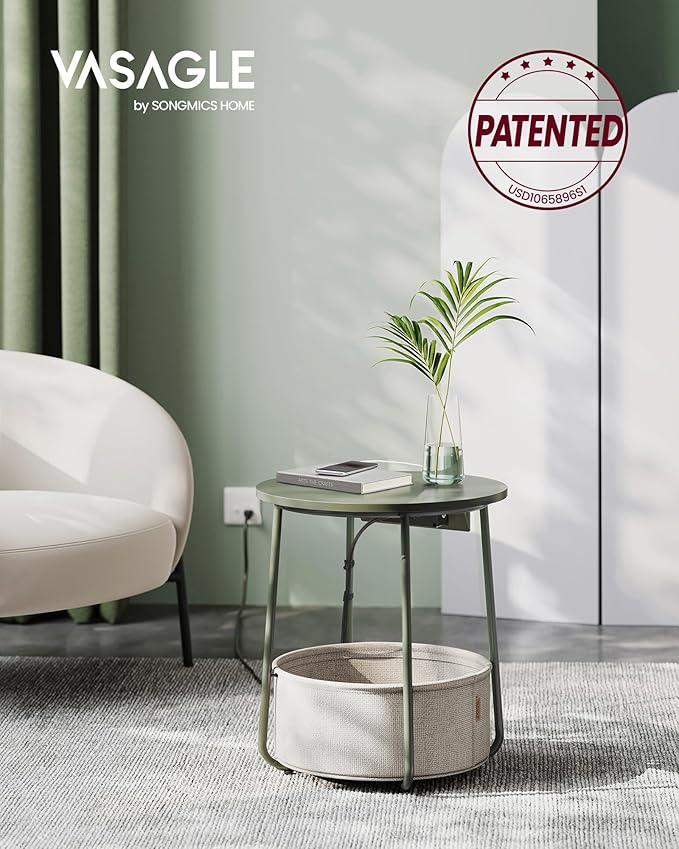 VASAGLE Side Table with Charging Station, Round End Table with Fabric Basket, Nightstand with Power Outlets, USB Ports, for Living Room, Bedroom, Modern, Forest Green and Cream White ULET228C04-Ruum Studio Home