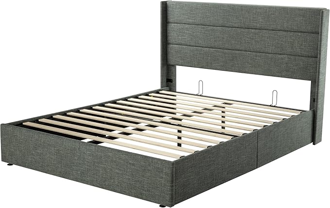 Allewie Full Size Lift Up Storage Bed, Modern Wingback Headboard, Hydraulic Support, No Box Spring Needed, Dark Grey-Ruum Studio Home