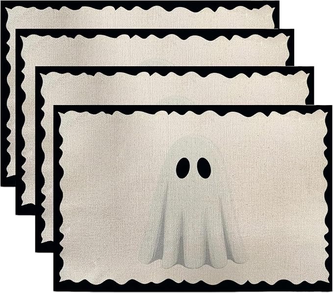 Halloween Ghost Placemats, 4Pcs Black&White Washable Heat Resistant 12×18 Inch Table Mats Cute Place Mats for Party Outdoor Decoration Kitchen Dining Décor-Ruum Studio Home