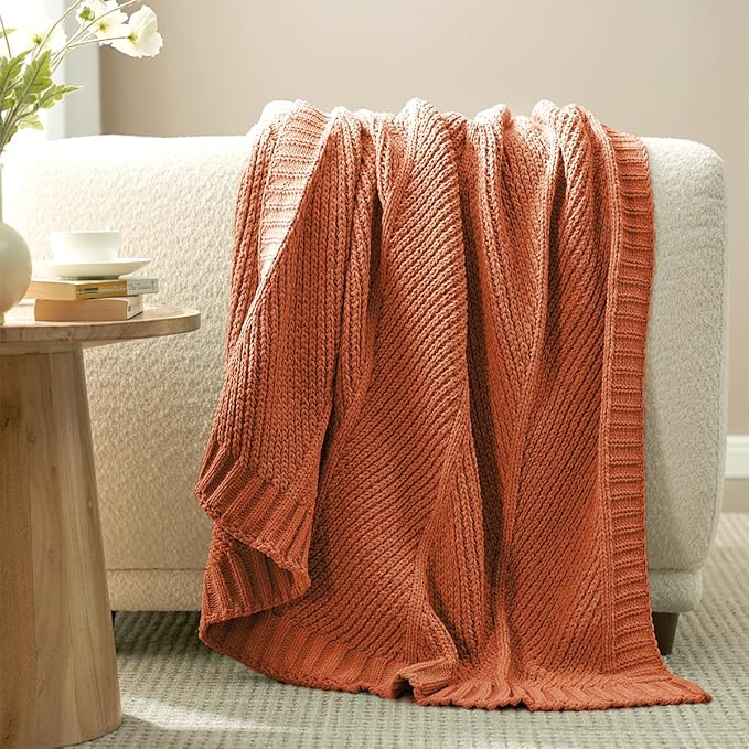 Amélie Home Chenille Knit Throw Blanket for Couch, Chevron Texture Decorative Soft Blanket for Sofa, Bed & Chair, 50"x60", Burnt Orange-Ruum Studio Home