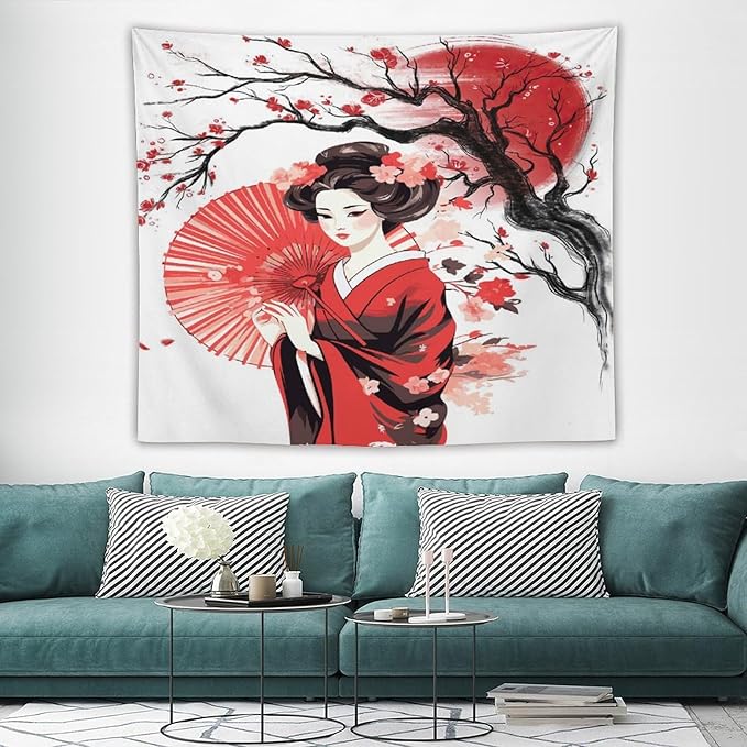 Japanese Red Geisha Tapestry Asian Cherry Blossom Traditional Kimono Folk Tapestries Home Decor for Living Room Bedroom Apartment Farmhouse Dorm 60"x50"-Ruum Studio Home
