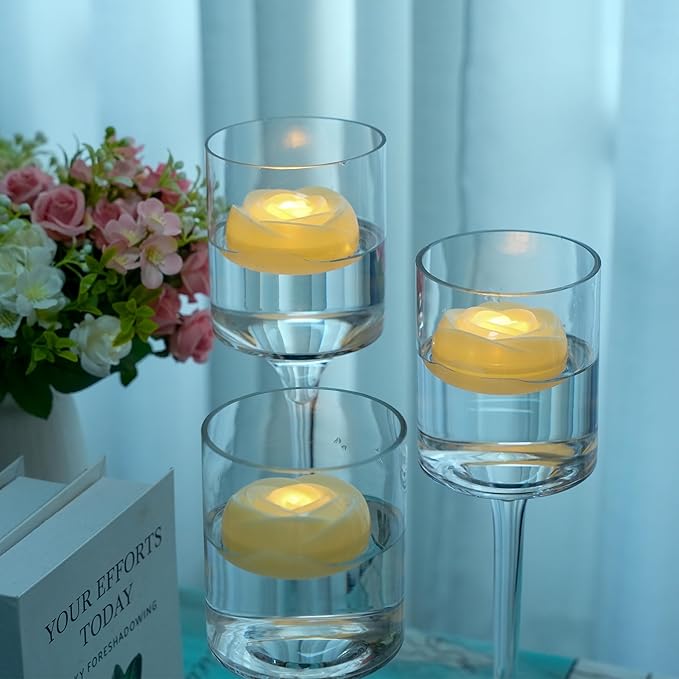 Aignis 12pcs Flameless LED Floating Candles, Ivory Rose Plastic Tealights Battery Operated, 120+ Hours Glow Time, Cozy Light for Romantic Pool/Bathtub/Hot Bath/Wedding Centerpiece Decor(D2.83*H1.42)-Ruum Studio Home