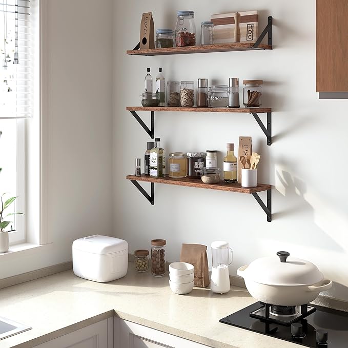 Heimlove Floating Shelves for Wall, 24 Inch Long Wood Floating Shelves Set of 3, Wall Mounted Hanging Shelf for Bathroom Bedroom Kitchen, Rustic Brown-Ruum Studio Home