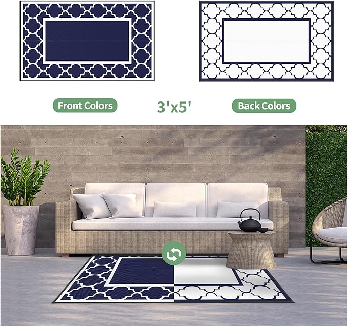 GENIMO 3' x 5' Outdoor Rug Waterproof for Patio Decor, Foldable Reversible Plastic Straw Area Rugs Mat for Camper, Outside Carpet for Rv, Deck, Porch, Picnic, Beach, Balcony, Blue & White-Ruum Studio Home