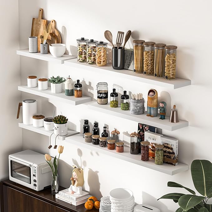Fun Memories Farmhouse Floating Shelves - 8 Inch Deep Rustic Wood Wall Shelf - Premium Solid Pine Wood Storage Shelf for Kitchen Living Room Bedroom - 30" W x 8" D - Set of 2 - White-Ruum Studio Home