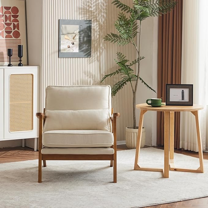 Karl home Accent Chair Wide Armrest Mid-Century Lounge Chair Linen Fabric Armchair with Lumbar Pillow & Solid Wood Frame for Living Room, Bedroom, Balcony, Beige-Ruum Studio Home