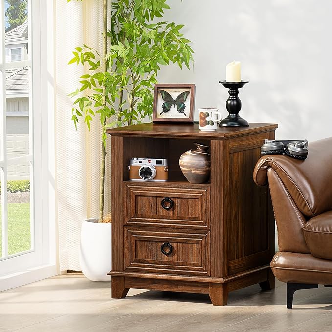 18" Farmhouse Night Stands Set of 2 with Charging Station, 2 Drawers End Table Dresser for Bedroom, Brown Wooden Nightstand, Bed Side Table with Open Shelf, Bedside Cabinet for Living Room-Ruum Studio Home