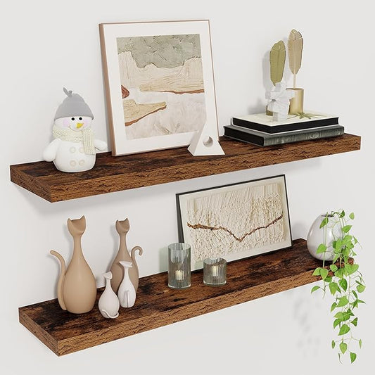 Fun Memories Floating Shelves for Wall, 27.5" Rustic Wood Deep Wall Mounted Shelves with Invisible Brackets for Decor & Storage, Floating Shelf for Living Room, Bathroom (Rustic Brown, Set of 2)-Ruum Studio Home