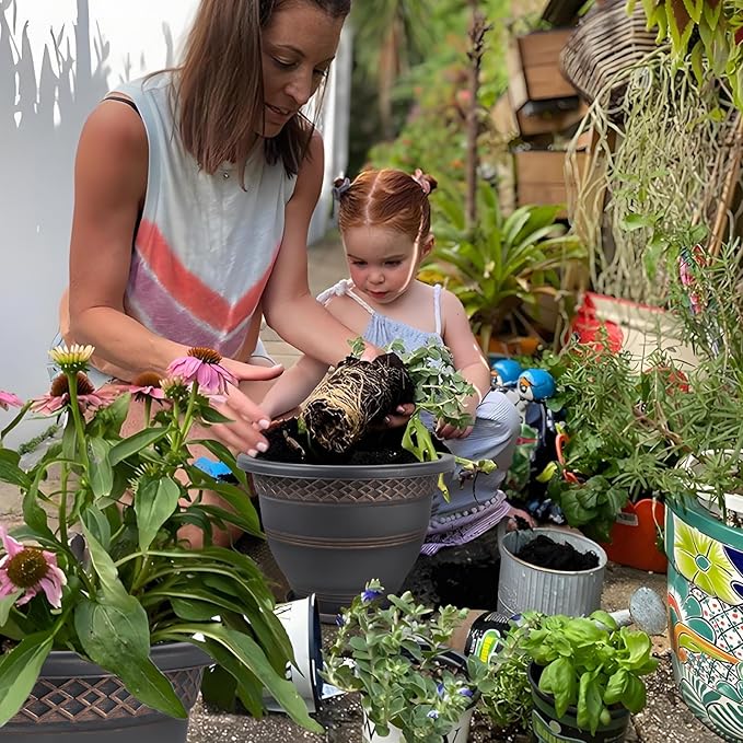 4 Pack 12 Inch Large Plant Pots, Plastic Flower Pot for Indoor & Outdoor with Drainage Holes & Saucer, Plaid Pattern Planters Garden Pots for Herbs Bronze-Ruum Studio Home