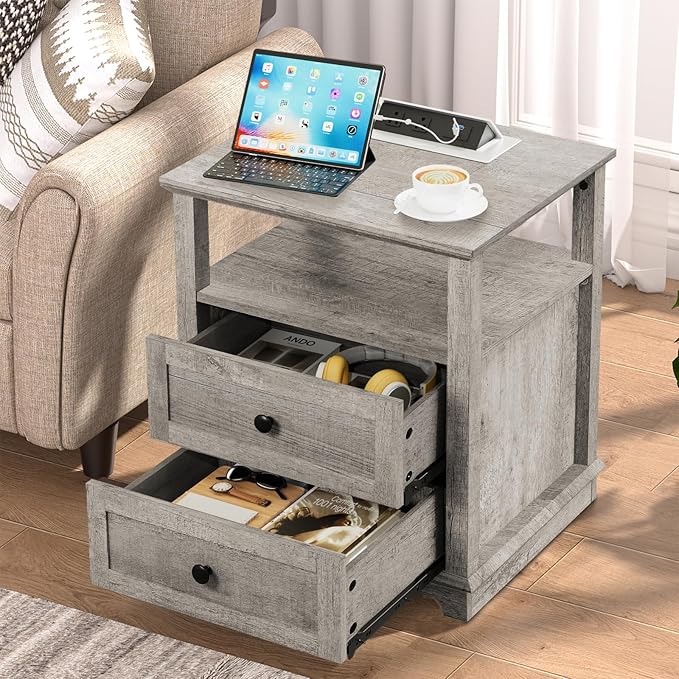 HIFYOBRO End Table with 2 Drawers and Charging Station, Type-C & USB Port & Power outlets, Wooden Storage Cabinet, Large Side Table with Storage for Living Room and Bedroom-Ruum Studio Home