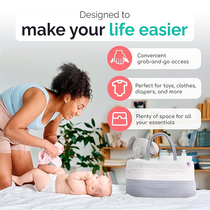 Rope Diaper Caddy - Storage for Baby and Toddler Items - Portable Cotton Organizer Easily Holds Diapers, Wipes, Clothing - Useful for Nursery, Bedroom (Gray, Regular)-Ruum Studio Home