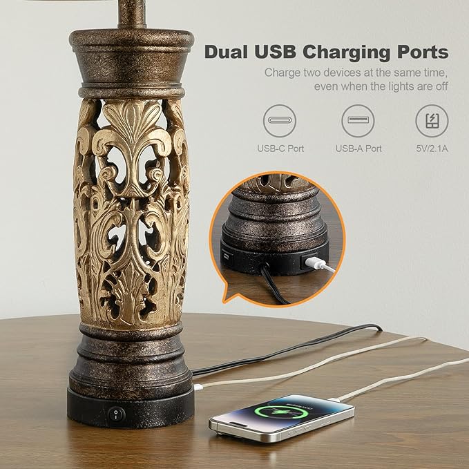 BOBOMOMO 27.25” Antique Gold Table Lamps Set of 2 – Farmhouse Bedside Lamps with Night Light & USB A+C Ports, Vintage Lamps for Bedroom, Living Room, Entryway, Nursery, Reading Nook(Bulbs Included-Ruum Studio Home