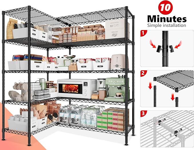 REIBII 5-Tier Heavy Duty Metal Wire Shelves, Industrial Style, 61.7"W x 72.4"H x 15.8"D, 1500 LBS Capacity, Adjustable, Rust Resistant, 2 Pack-Ruum Studio Home