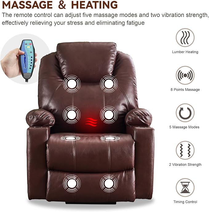 SALOHZA Power Lift Recliner Chair for Elderly with Massage and Heat for Living Room, Electric Recliner Chair for Adults with USB/Type C Port/Cup Holders, PU Faux Leather, Chocolate Brown-Ruum Studio Home