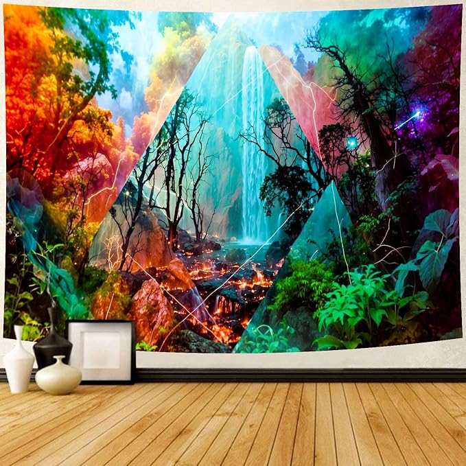 Delur Forest Tapestry Waterfall Mountain Rainforest Sunset Nature Tree Tapestry Wall Hanging Scenic Tropical Landscape Natural Sunrise Headboard for Bedroom Living Room Home Decor (59.1" x 78.7")-Ruum Studio Home