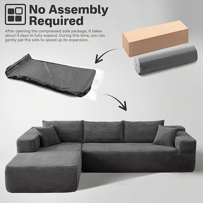 104" Cloud Sectional Couches for Living Room,L Shaped Boneless Couch in A Box,Sleeper Sofa with Comfy Chaise No Assembly Required,Grey-Ruum Studio Home