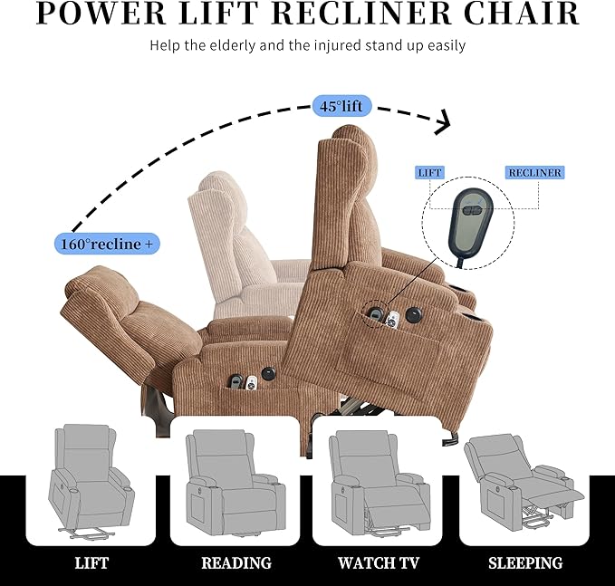 Lift Recliner Chair for Adults with Massage and Heating, Power Lift Recliner Chairs for Elderly, Corduroy Fabric Reclining Chair with USB &Type-C Port, Cup Holders, L6111 (Brown)-Ruum Studio Home