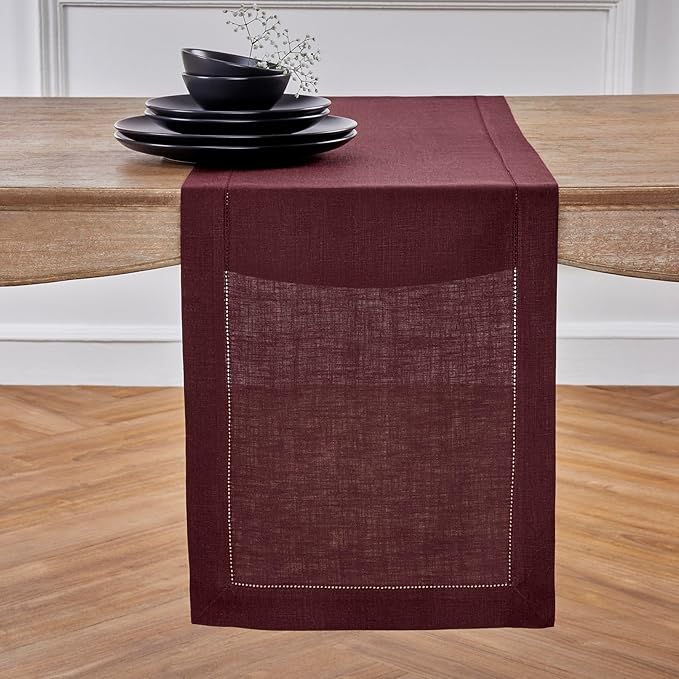 Solino Home Linen Burgundy Table Runner 144 Inches Long - 100% Pure Linen Extra Long Table Runner 14 x 144 Inch for Fall, Autumn, Thanksgiving - Classic Hemstitch-Ruum Studio Home