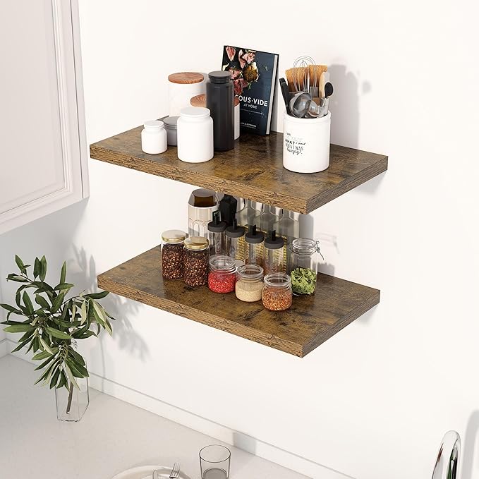 24" Floating Shelves for Wall, 12" Deep Slim Rustic Brown Floating Shelves, Wall-Mounted Shelves for Bedroom, Living Room, Kitchen, Bathroom - Set of 2-Ruum Studio Home