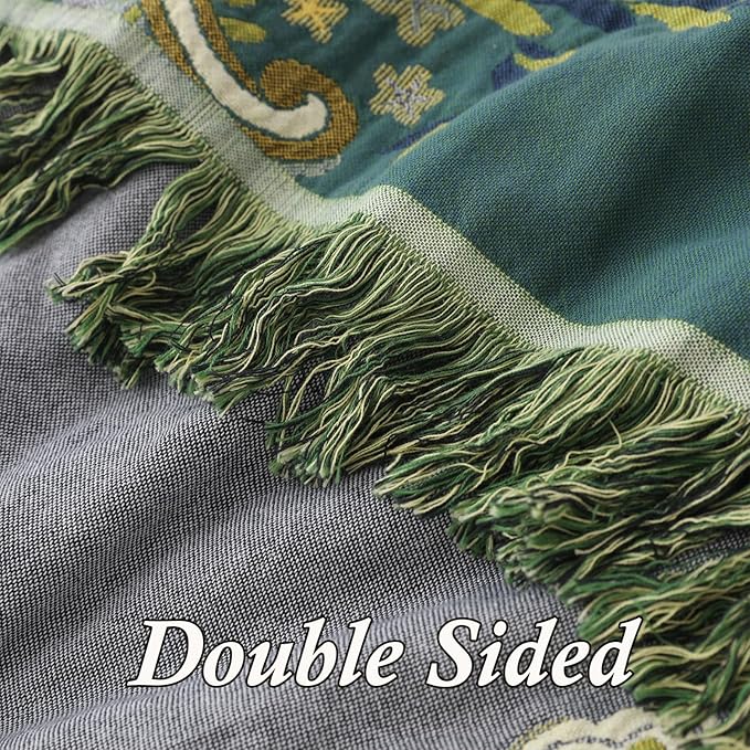 Snycler Boho Throw Blanket for Bed - 100% Cotton Ultra Soft Rustic Quilt - Green Boho Floral Printed Farmhouse Decor Bed Blankets, 80"×90" All Season Rustic Throw for Sofa Couch Chair-Ruum Studio Home