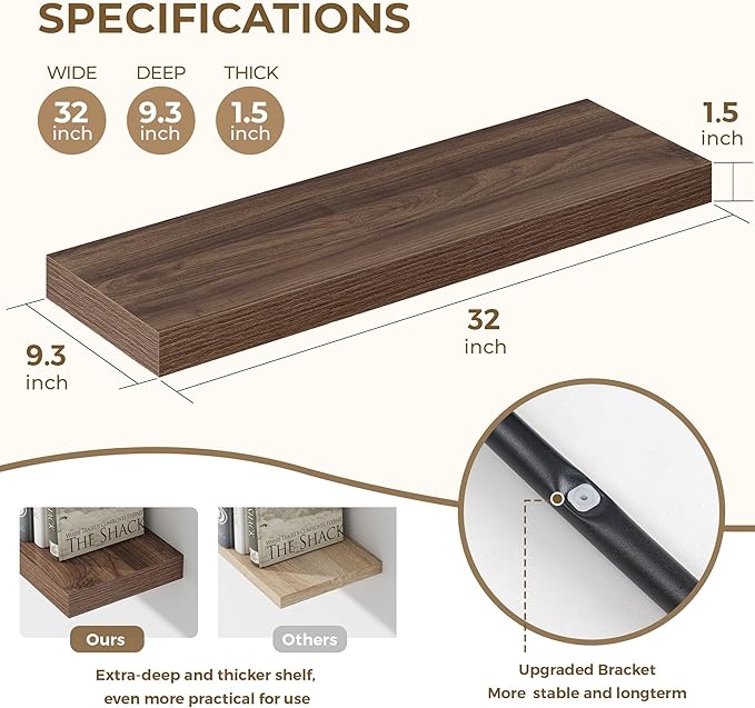 Dreamland 32 Inches Floating Shelves for Wall, 9.3" Deep Long Floating Shelves Set of 2, Large Display & Storage Shelf, Wall Shelf for Bathroom Bedroom Living Room Kitchen Office, Walnut-Ruum Studio Home