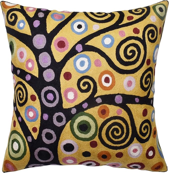 Klimt Yellow Tree of Life Pillow Cover Gold Floral Pillowcase Flower Botanical Gold Accent Suzani Sofa Cushions Kids Room Cushions Hand Embroidered Wool Size - 18x18-Ruum Studio Home