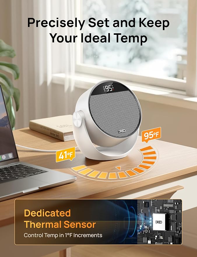 Dreo Space Heater 1500W, 60° Adjustable Tilt, 10.5ft/s Portable Electric Heaters for Indoor Use with Thermostat, 8 Safety Protections, 3 Modes, Remote, Quiet Desk Heater for Bedroom, Office, White-Ruum Studio Home