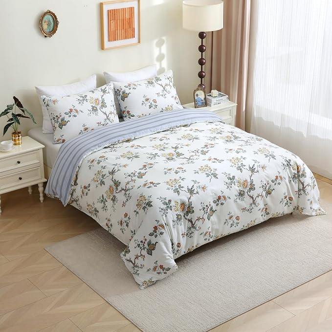 ABREEZE Floral Duvet Cover King Size Set Bird Flowers Bedding Set 100% Brushed Cotton Bedding Collection 1 Duvet Cover with 2 Pillowcases White-Ruum Studio Home
