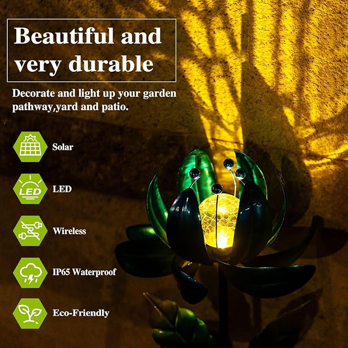 Solar Garden Lights Metal Flower Decor, Colorful Spinning Windmill Lotus Pathway Ligths with LED Cracked Crystal Ball Outdoor Decorative Stake Lighting Waterproof Flower Sculpture for Patio Yard-Ruum Studio Home