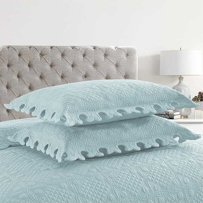 MarCielo 3-Piece 100% Cotton Oversized Bedspread Lightweight Quilt Coverlet Embroidery Farmhouse Bedding Set (TW Mint Green Blue, Oversized Queen (100"x106"))-Ruum Studio Home