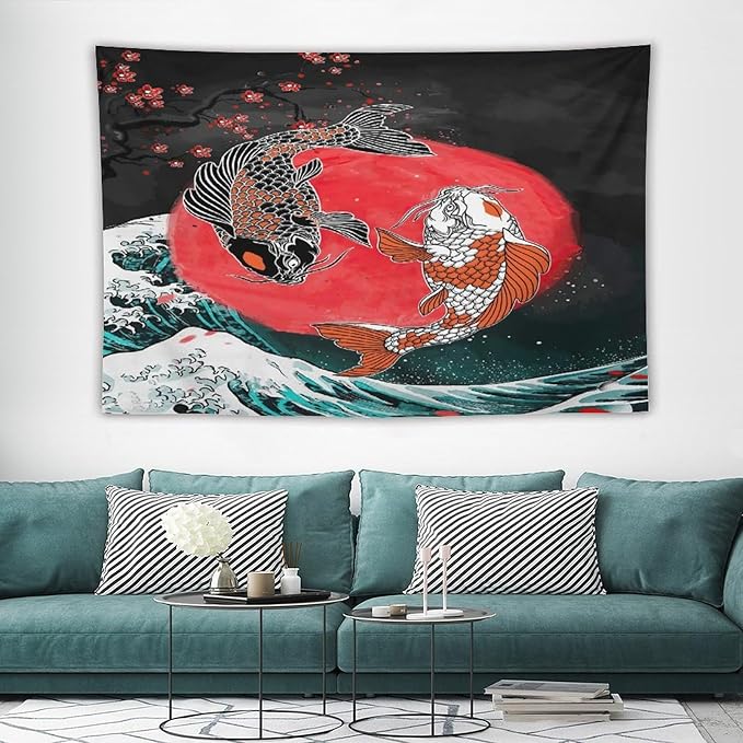 Houselerax Koi Fish Tapestries,Japanese Style Yin Yang Big Wave Cherry Blossoms Tapestry Wall Hanging for Bedroom Living Room Office Decor 60"x40"-Ruum Studio Home