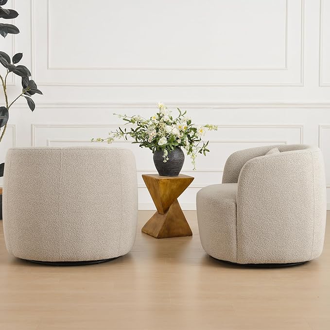 KINWELL 34" Wide Sherpa Swivel Barrel Chairs Set of 2, No Assembly Round Boucle Upholstered Accent Chairs Armchairs Single Sofa Chair with Toss Pillow for Living Room and Bedroom, Taupe-Ruum Studio Home