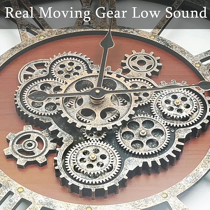 30Inchs Moving Gears Wall Clock, Oversized Wall Clocks, Clock Living Room Decor, Solid Wood Frame, Battery Operated, Large Wall Clock with Steampunk Industrial for Fireplace(Black Walnut)-Ruum Studio Home