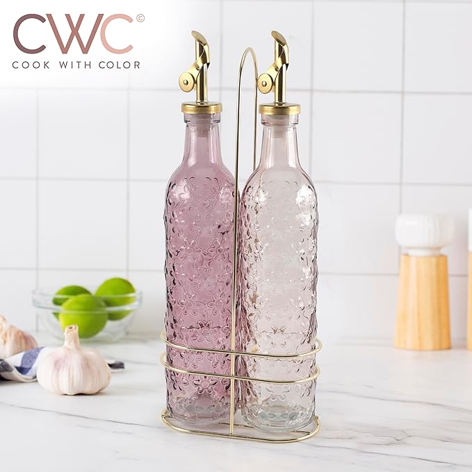 COOK WITH COLOR Glass Olive Oil Bottle Dispenser - 2 Pack- 17oz Oil and Vinegar Cruet - Olive Oil Carafe Decanter for Kitchen-Ruum Studio Home