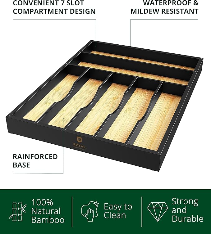 ROYAL CRAFT WOOD Luxury Bamboo Kitchen Drawer Organizer - Silverware Organizer - Utensil Holder and Cutlery Tray with Grooved Drawer Dividers for Flatware and Kitchen Utensils (7 Slot)-Ruum Studio Home