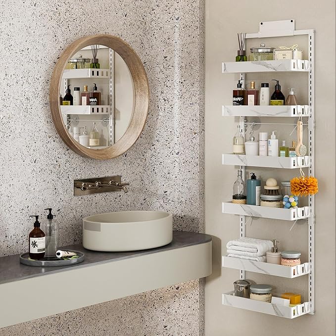 bukfen Over the Door Pantry Organizer, 6-Tier Adjustable Basket Kitchen Pantry Door Organization and Storage, Heavy-Duty Metal Hanging Kitchen Spice Rack,D6.3 x W17.32 x H50.60 inch,White Marble Color-Ruum Studio Home