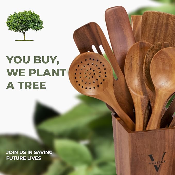 Vasilek Wooden Cooking Utensils Set – 12-Piece Acacia Wood Kitchen Utensil Set with Square Holder & Spoon Rest, Non Toxic Wooden Tools for Nonstick Cookware, Spatula, Ladle, Serving Spoon-Ruum Studio Home