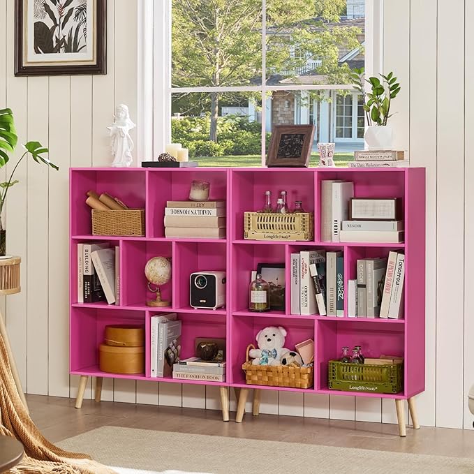 LEYAOYAO 7 Cube Bookshelf,3 Tier Book Shelf with Legs,Pink Modern Bookshelf,Large Freestanding Open Toy Modern Bookshelves,Display Bookcases Decor Furniture for Nursery-Ruum Studio Home