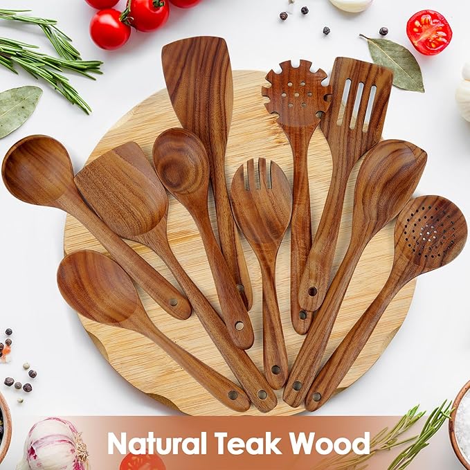 comfoyar Teak Wooden Spoons for Cooking, 10 Pieces Kitchen Cooking Utenails Set with Spatula and Ladle, Heat Resistant Kitchen Cookware for Nonstick Pan-Ruum Studio Home