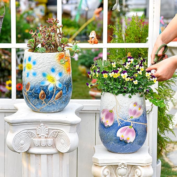 Sungmor 10.6 Inch Ceramic Succulent Plant Pot with Drainage Hole, Hand Painted Flower Pots for Plants, Unique Texture Decorative Planter for Indoor and Outdoor, Pottery Vase for Home Office Decor-Ruum Studio Home