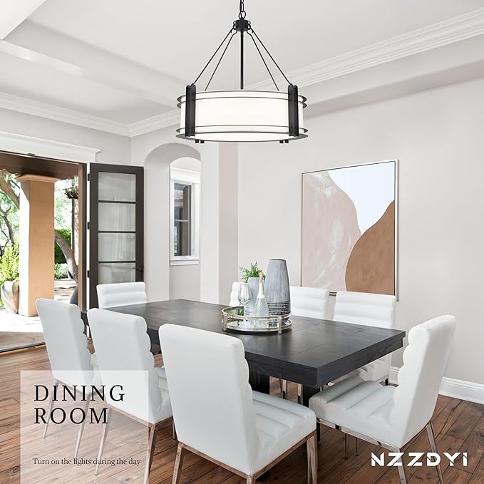 20.4''Drum Chandelier,5-Light Fabric Modern Chandeliers,Black Farmhouse Round Pendant Light Fixture for Dining Room Kitchen Island Living Room Bedroom Hallway-Ruum Studio Home