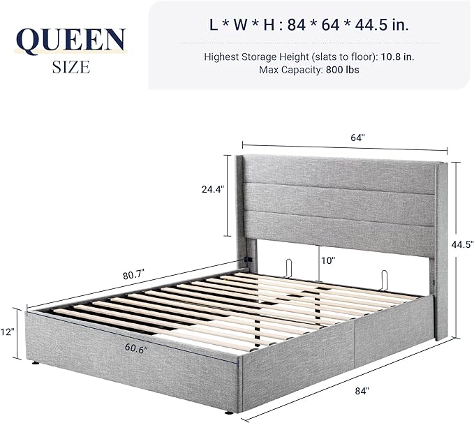 Allewie Queen Size Lift Up Storage Bed, Modern Wingback Headboard, Hydraulic Support, No Box Spring Needed, Light Grey-Ruum Studio Home