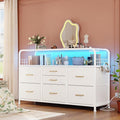 TV Stand for Bedroom with LED Lights & Charging Station, 7 Drawer with Open Shelf, Media Console for Living Room & Chest of Drawers for Closet, Entryway, Hallway, 4 Hooks, White-Ruum Studio Home