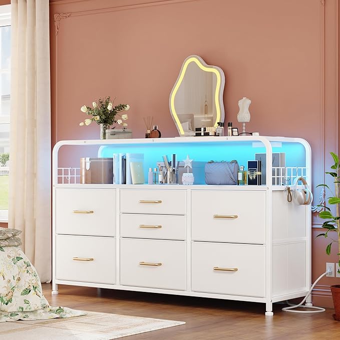 TV Stand for Bedroom with LED Lights & Charging Station, 7 Drawer with Open Shelf, Media Console for Living Room & Chest of Drawers for Closet, Entryway, Hallway, 4 Hooks, White-Ruum Studio Home